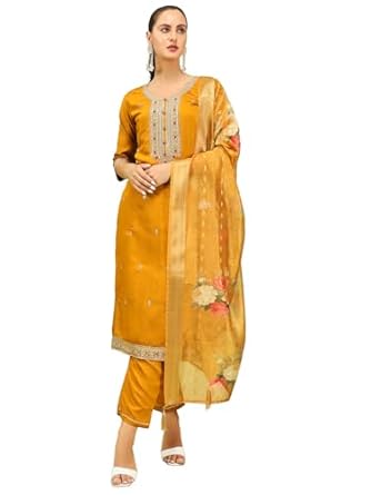 VredeVogel Women's Viscose Roman Silk Blend Embroidered Kurta with Pant & Dupatta Set