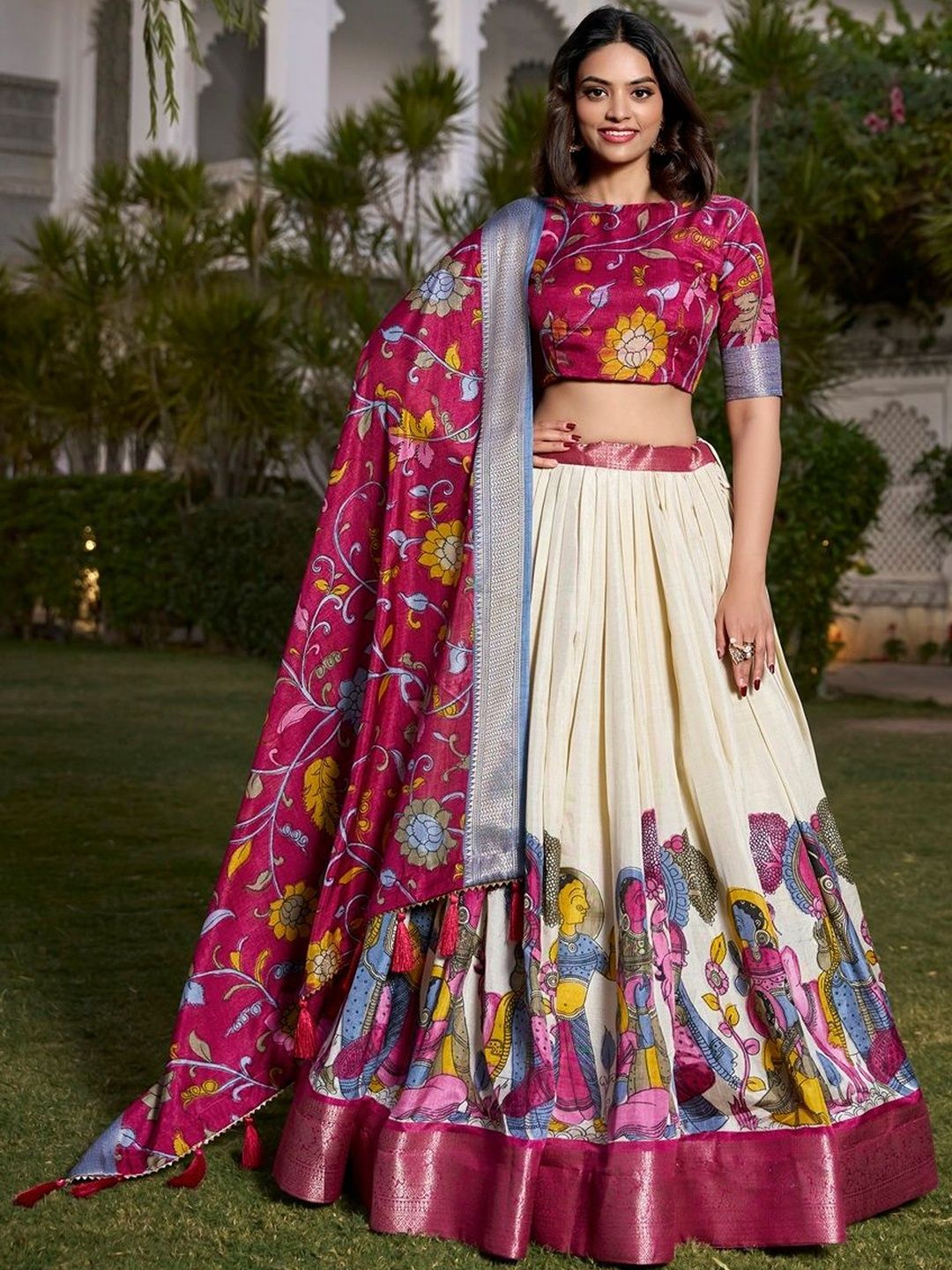 House of Pataudi Printed Dupion Silk Round Neck Flared Lehenga Choli