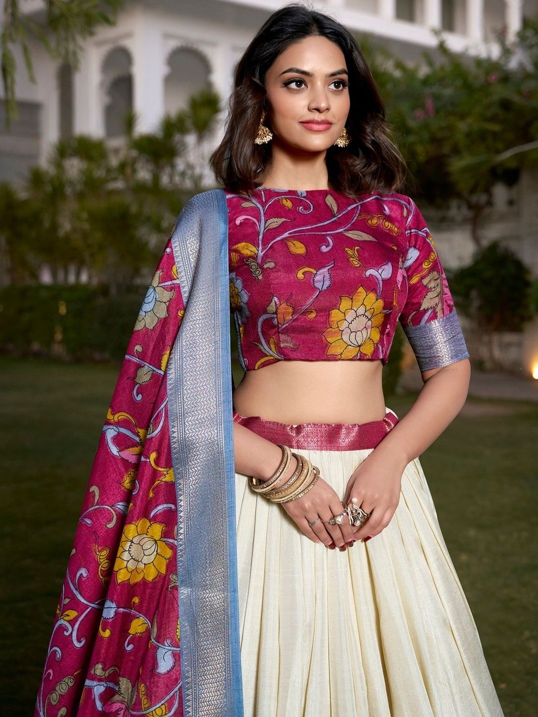 House of Pataudi Printed Dupion Silk Round Neck Flared Lehenga Choli