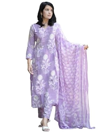 ANNI DESIGNER Women's Cotton Blend Printed Straight Kurta with Pant & Dupatta