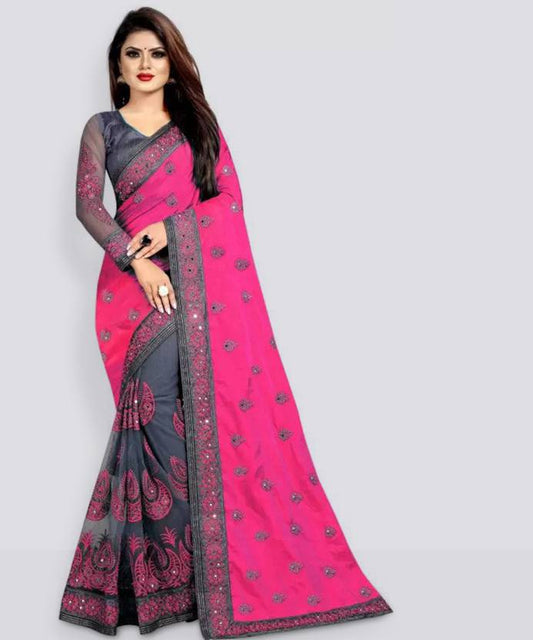 Embroidered Bollywood Net Saree  (Grey, Pink)