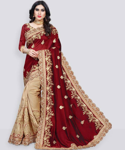 Embroidered Bollywood Silk Blend, Art Silk Saree  (Maroon, Cream)